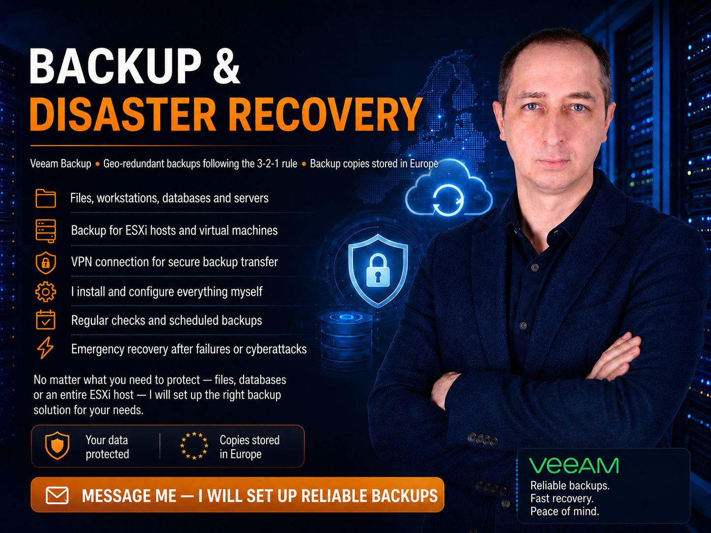 Veeam backup and disaster recovery solutions. 3-2-1 backup rule implementation and secure data storage in Europe.