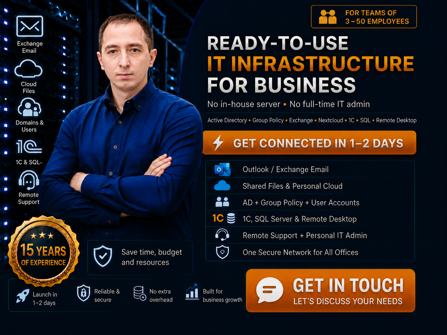 Turnkey IT infrastructure for business in 1-2 days. Setup of Active Directory, Exchange, Nextcloud, and RDP by a senior system administrator.